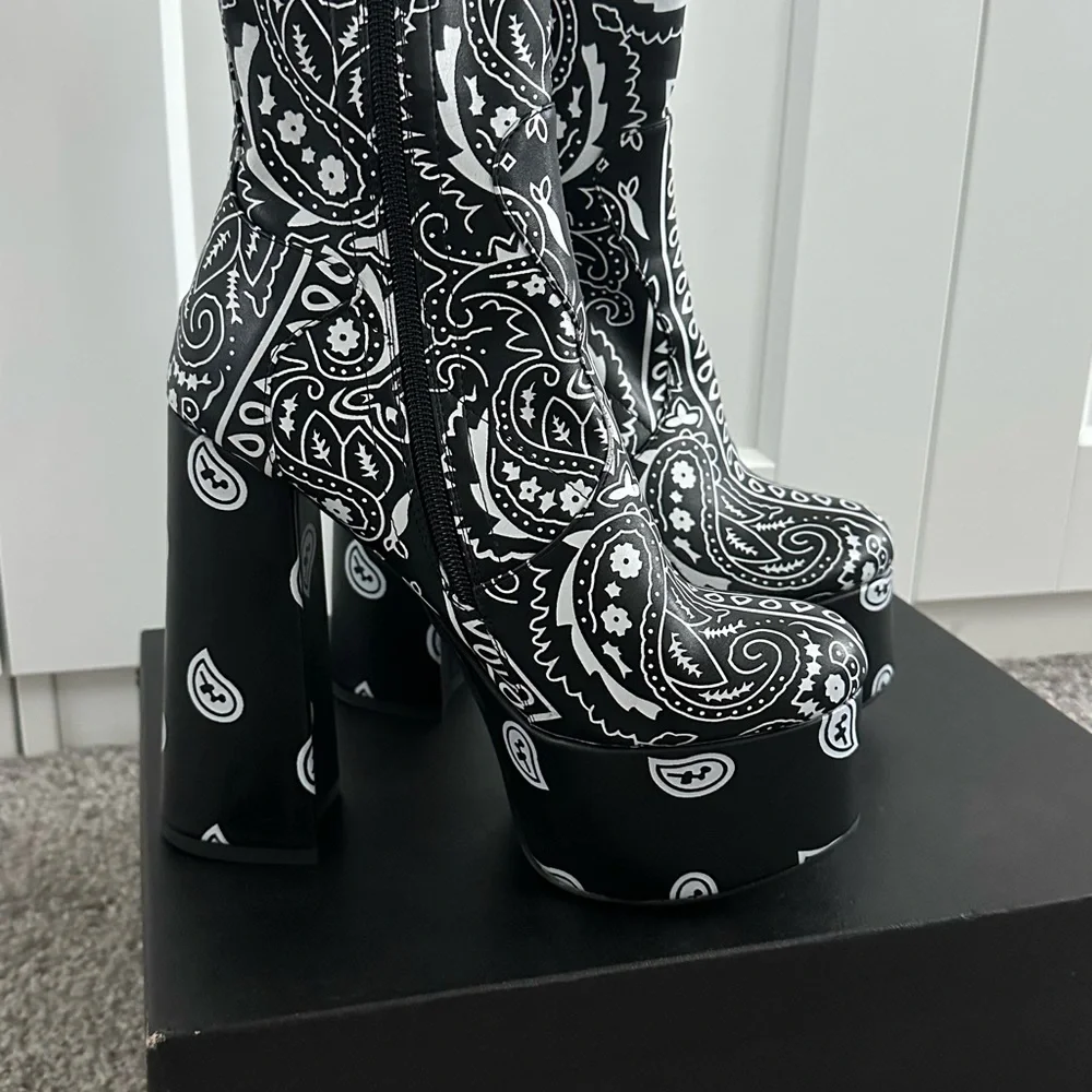 Black Paisley Platform Booties - Women's High Block Heels